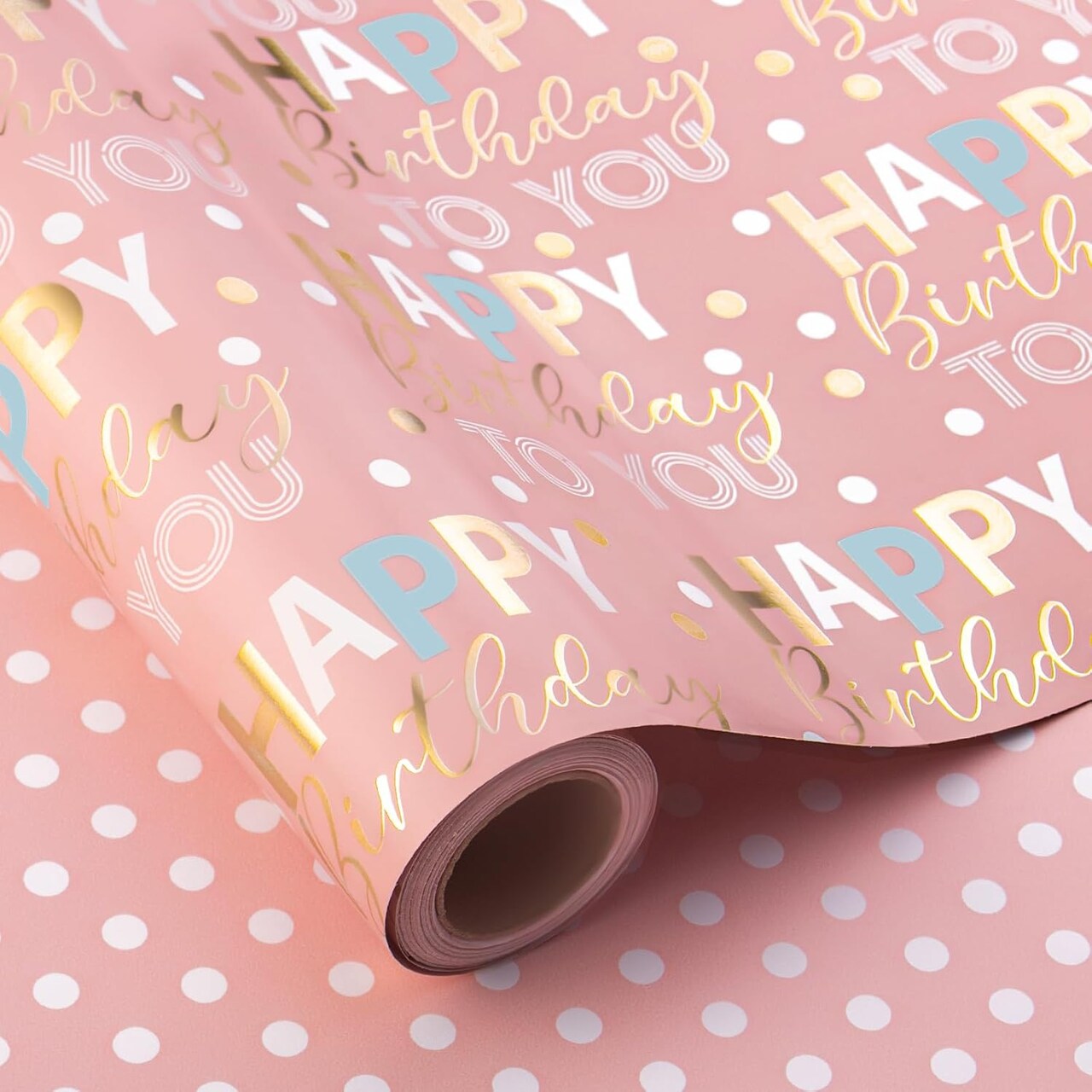 Reversible Pink Birthday Wrapping Paper Roll – 17” x 33 ft, Metallic “Happy Birthday” Foil with Polka Dots for Girls, Baby Showers, Parties & Mother’s Day (Pink Letterings 33FT)